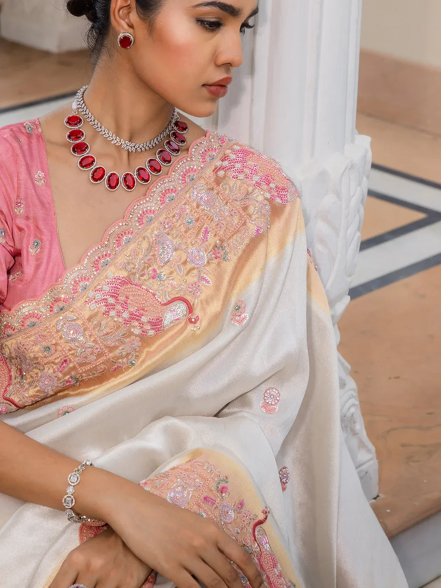 Light cream wedding wear silk saree