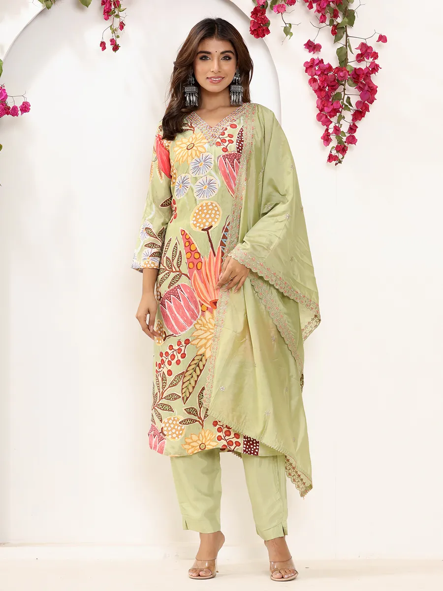 Light green printed kurti set in silk