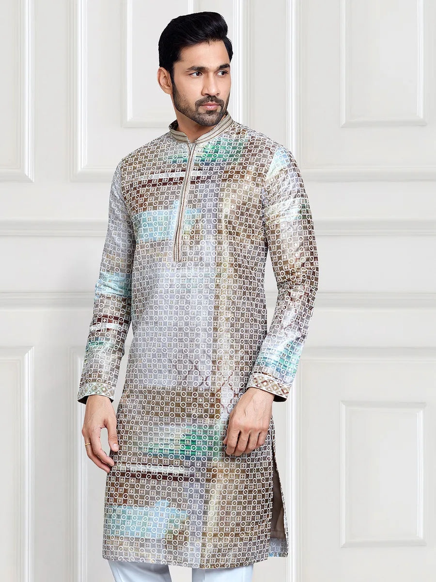 Light grey and brown silk  Men Kurta pajama