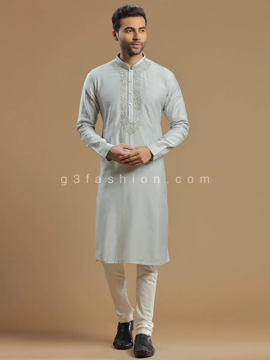 Light grey color silk kurta suit for men