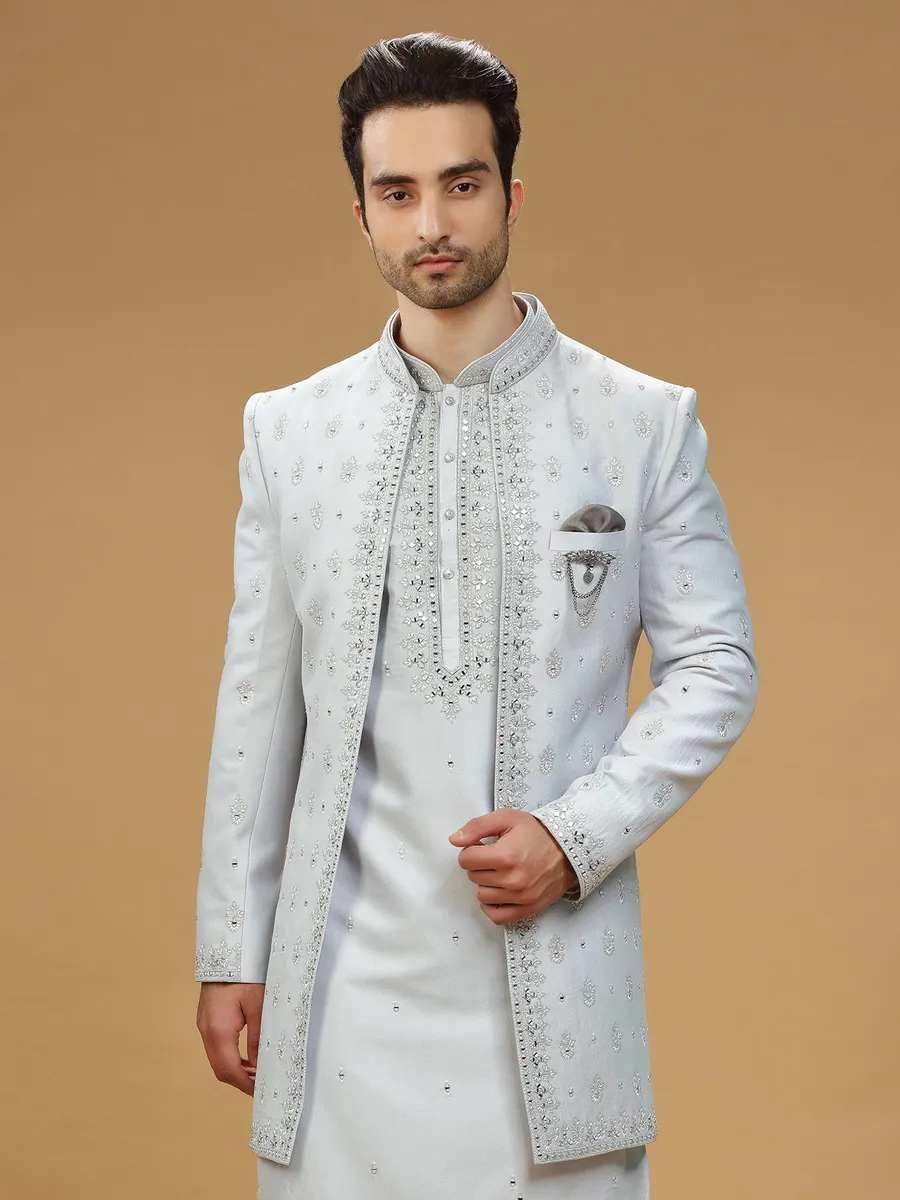 Light grey silk indowestern with embroidery