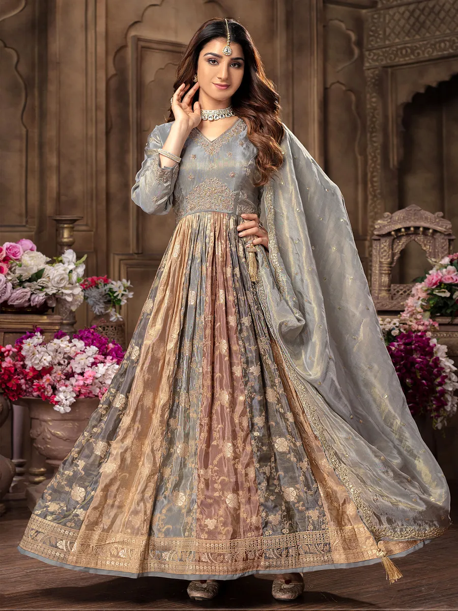 Light grey tissue silk anarkali suit