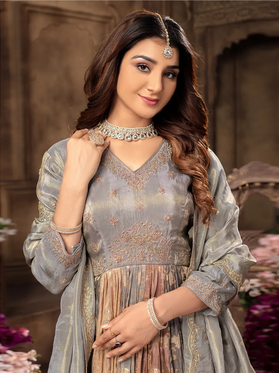 Light grey tissue silk anarkali suit