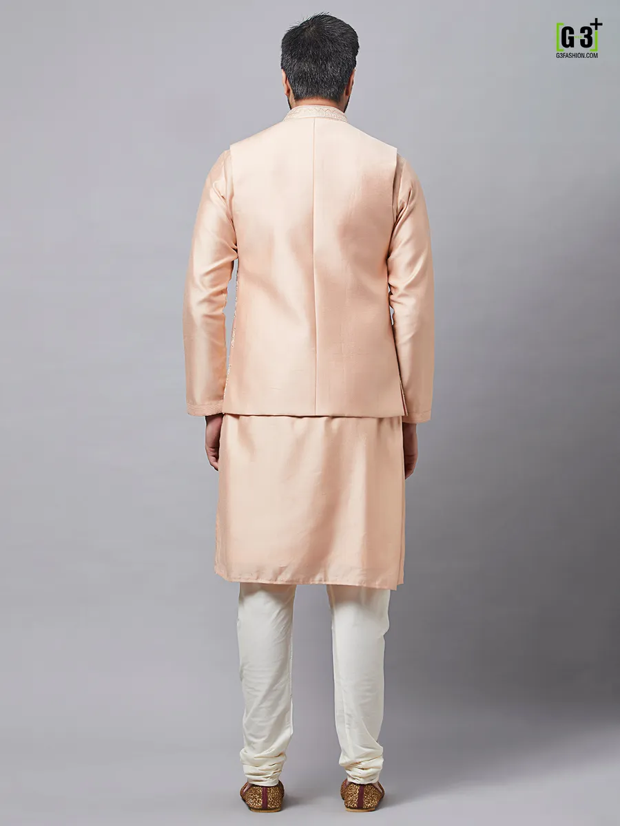 Light peach raw silk waistcoat set for men