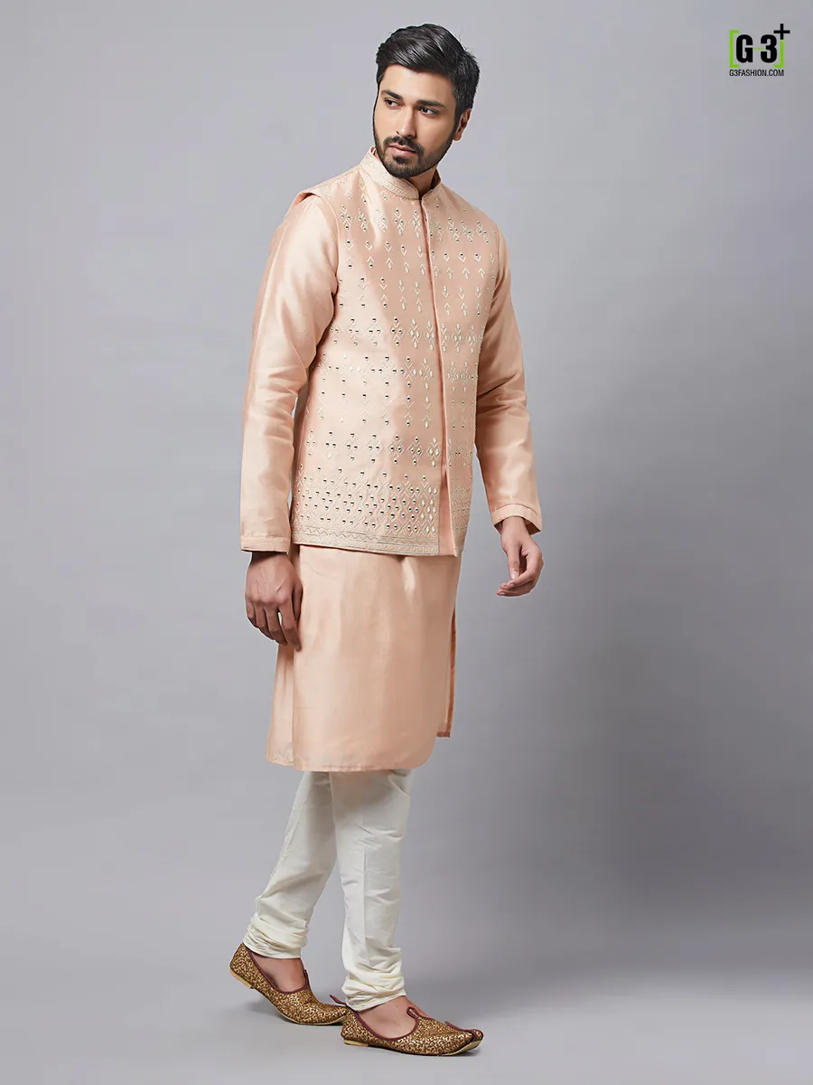 Light peach raw silk waistcoat set for men