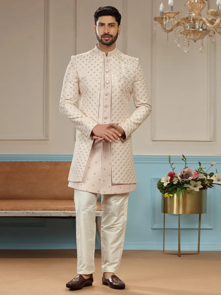 Light peach silk embroidery indowestern