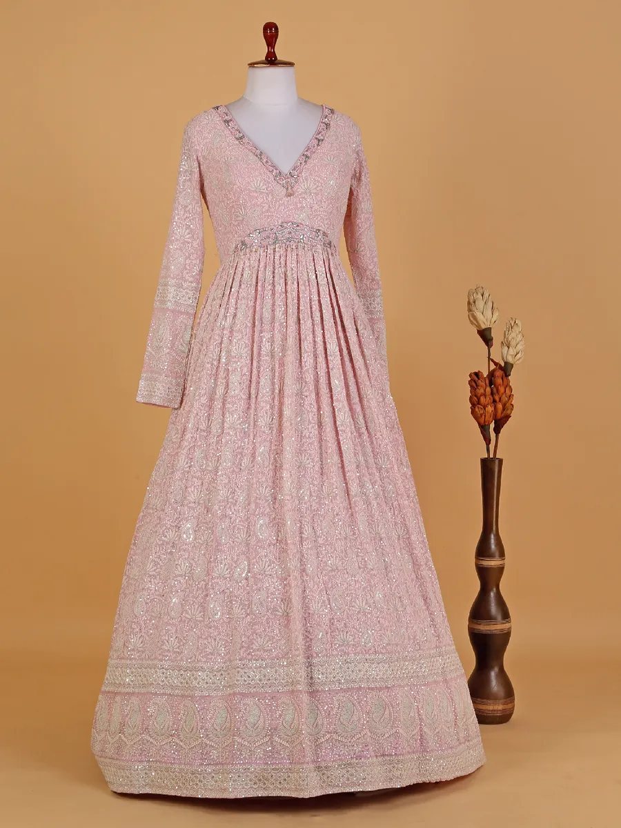 Light pink georgette embroidery anarkali suit