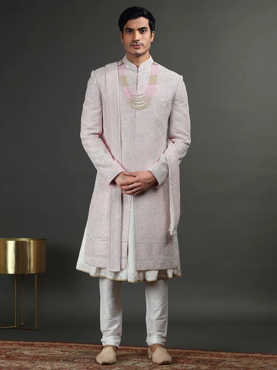 Light pink groom sherwani in raw silk