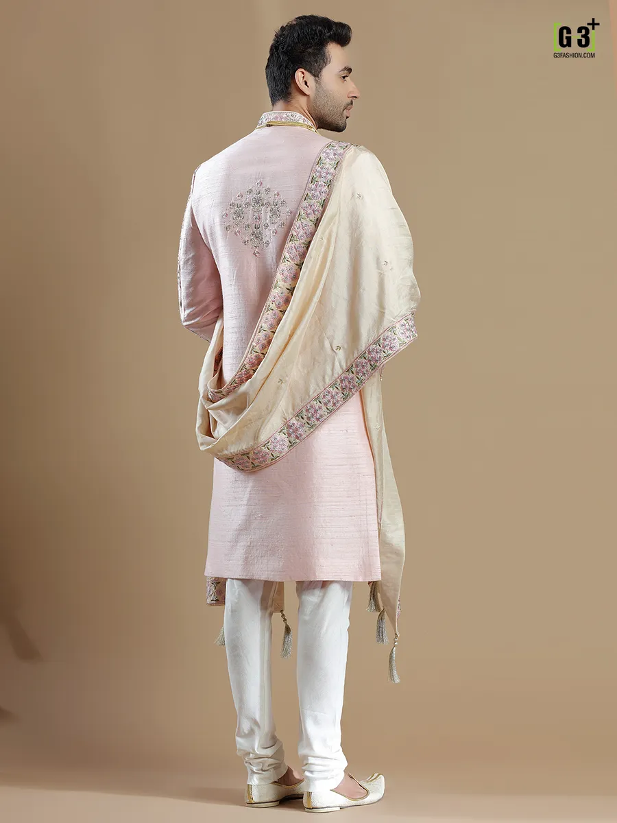 Light pink groom wear sherwani in raw silk