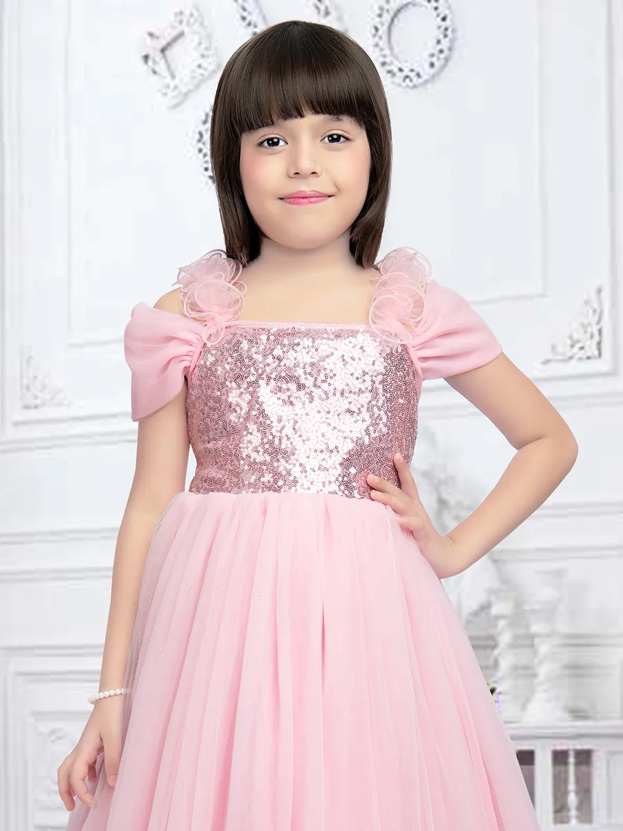 Light pink net party and reception gown for girls