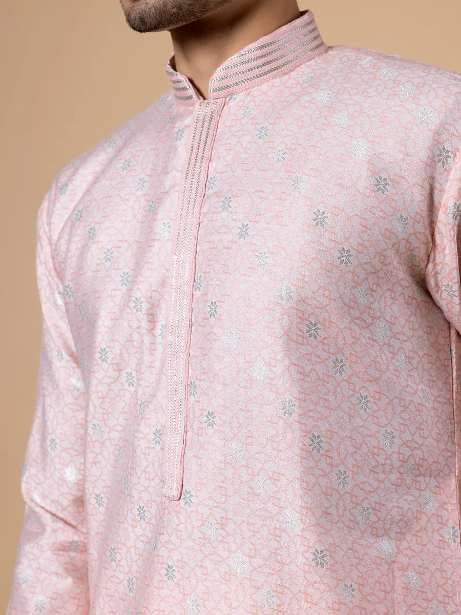 Light pink printed kurta suit in silk