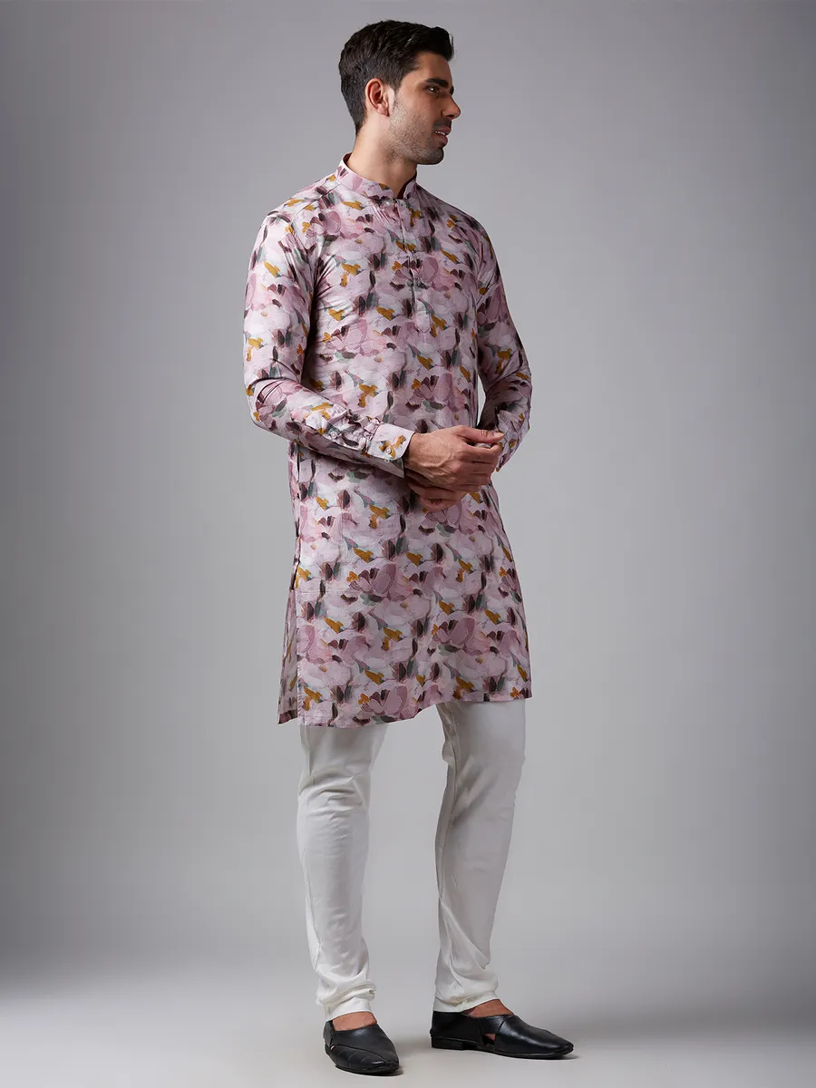 Light purple printed  Men Kurta pajama in silk