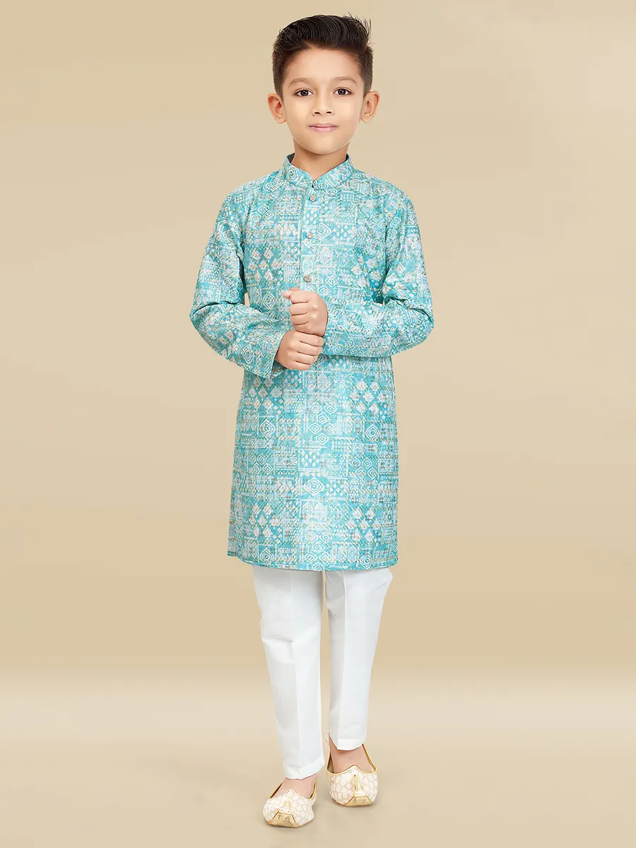 Light teal blue printed festive style kurta suit