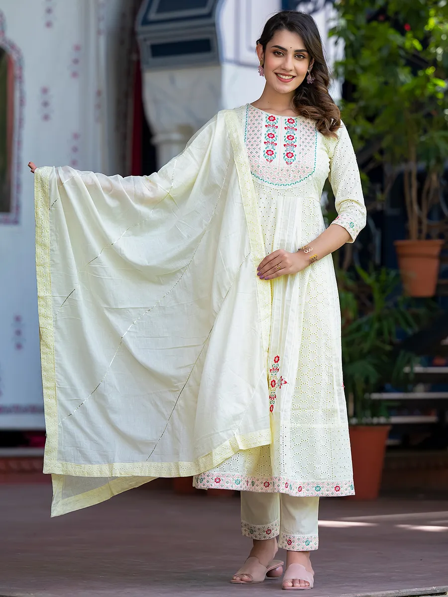 Light yellow cotton anarkali style kurti set