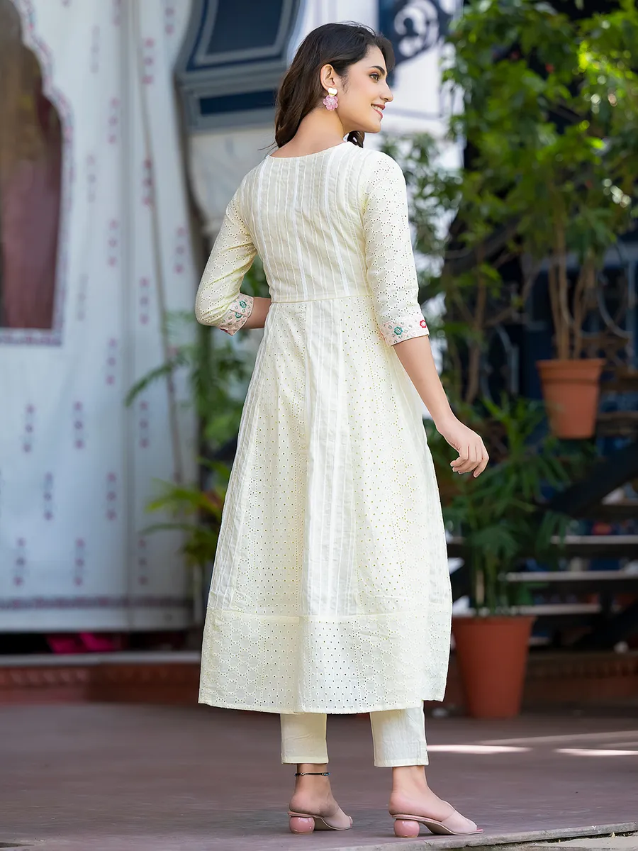 Light yellow cotton anarkali style kurti set