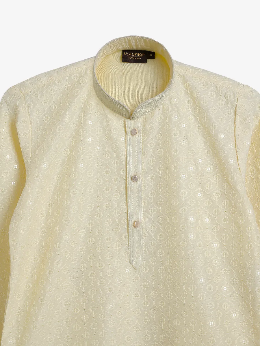 Light yellow embroidery kurta suit in cotton