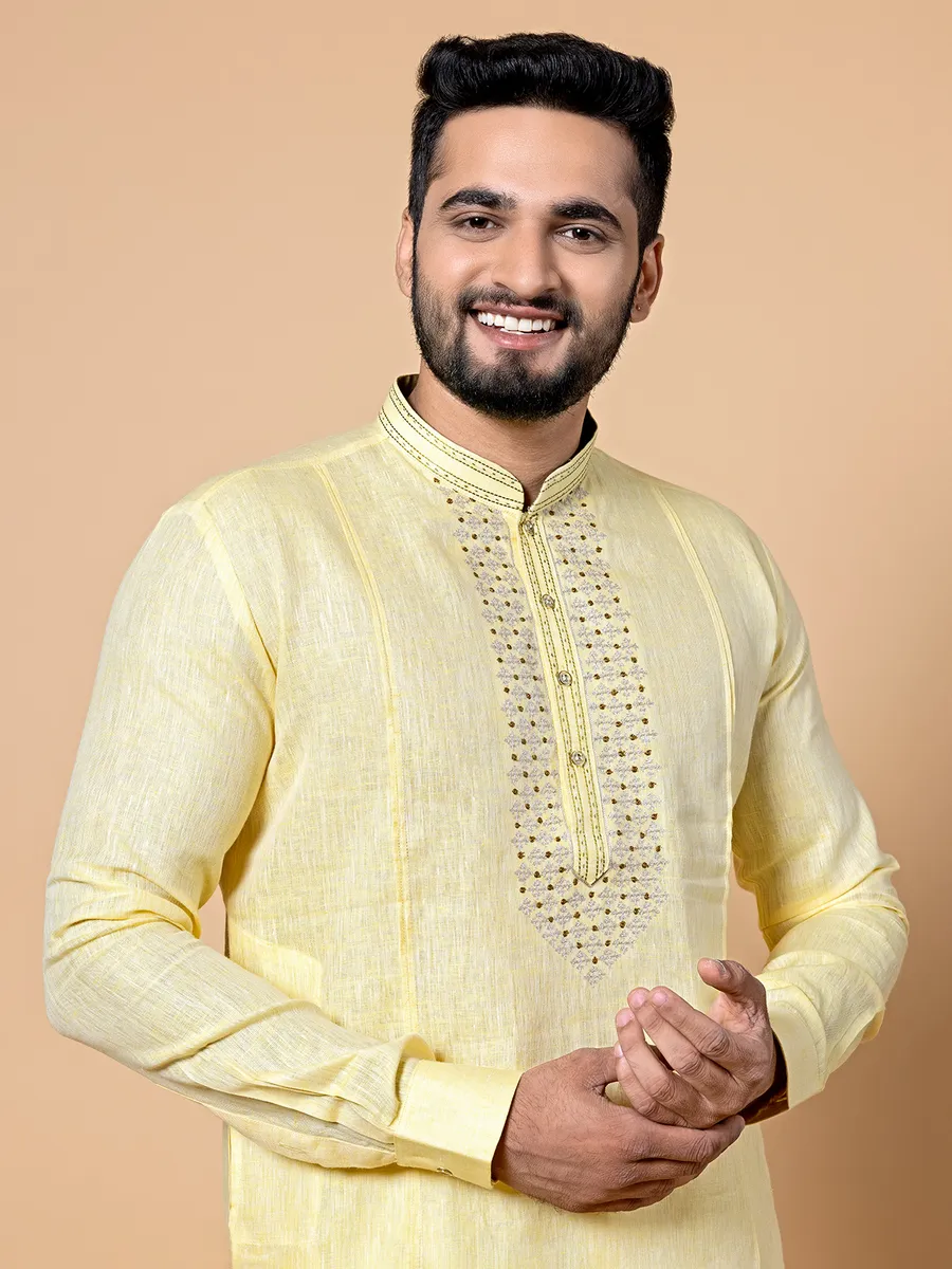 Light yellow linen kurta suit