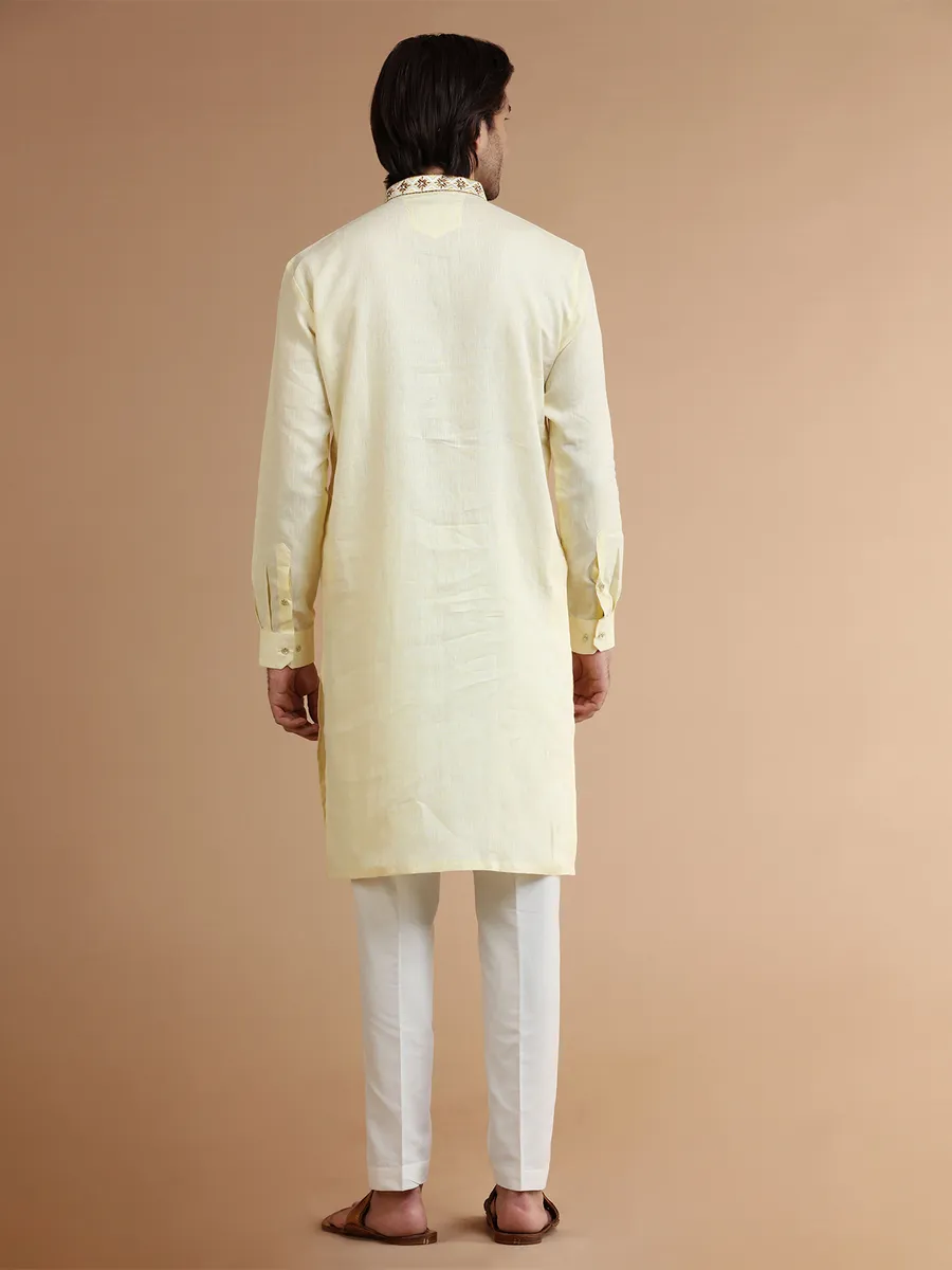 Light yellow linen plain kurta suit