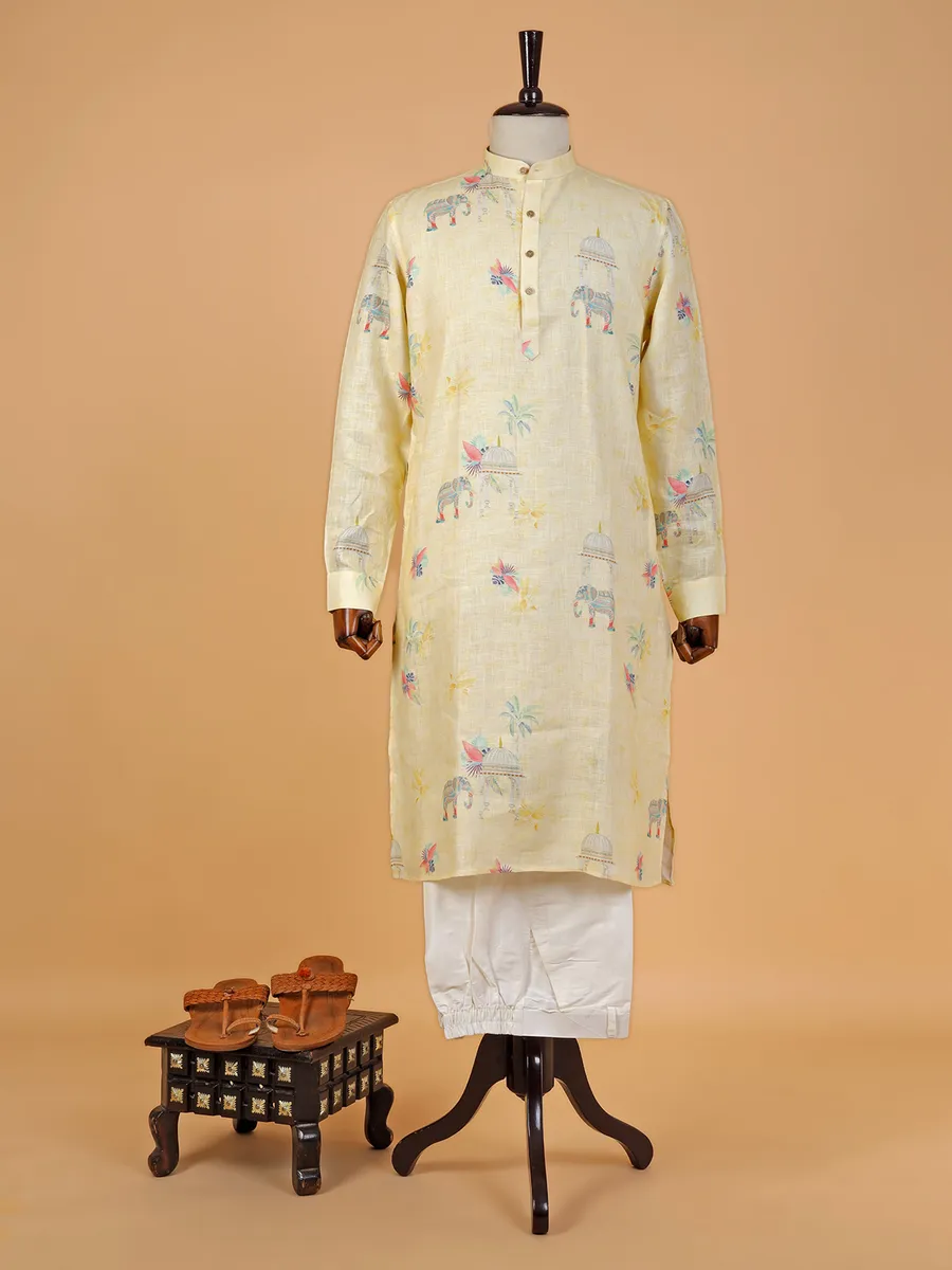 Light yellow linen printed  Men Kurta pajama