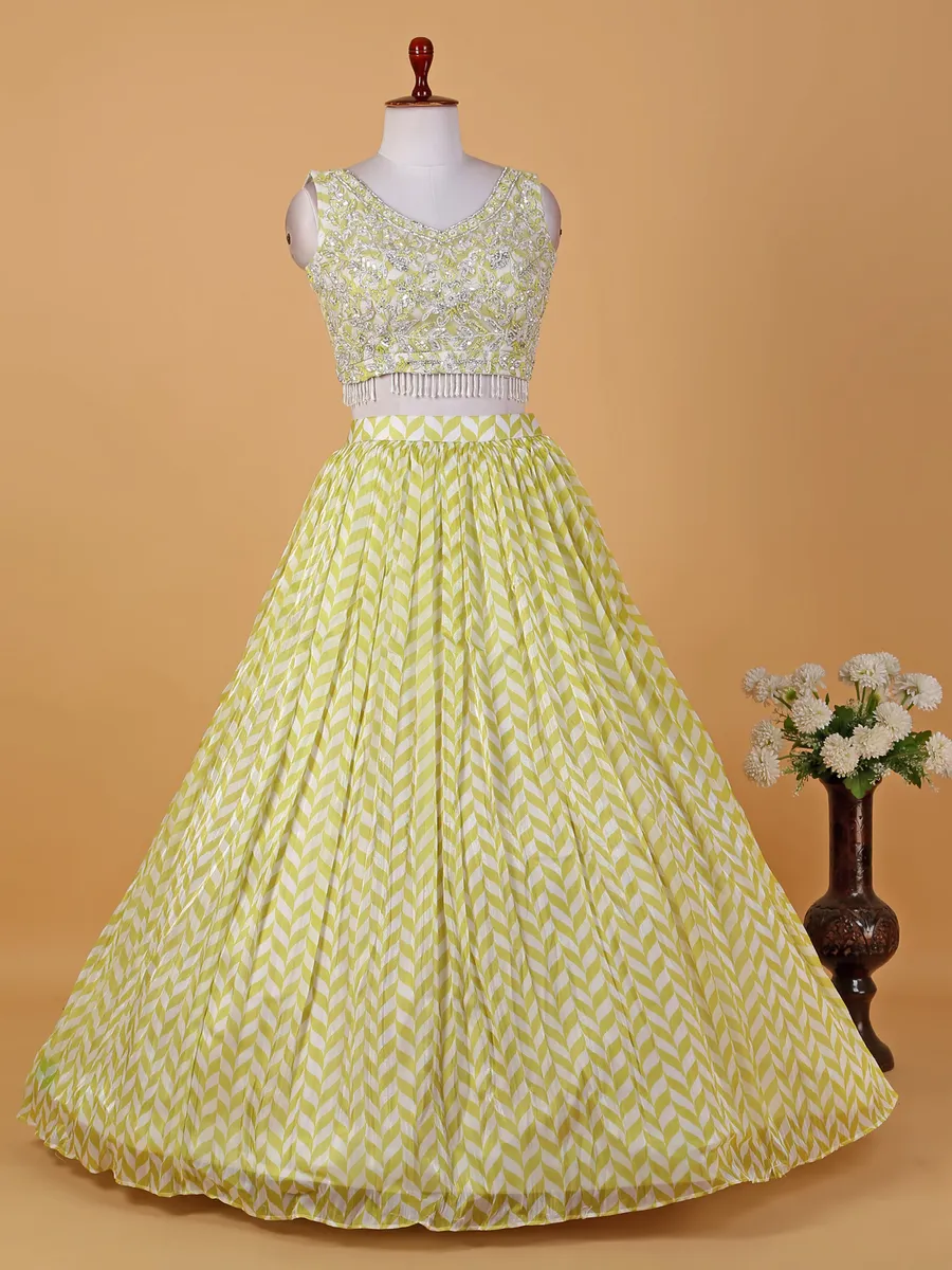 Light yellow printed soft organza lehenga choli