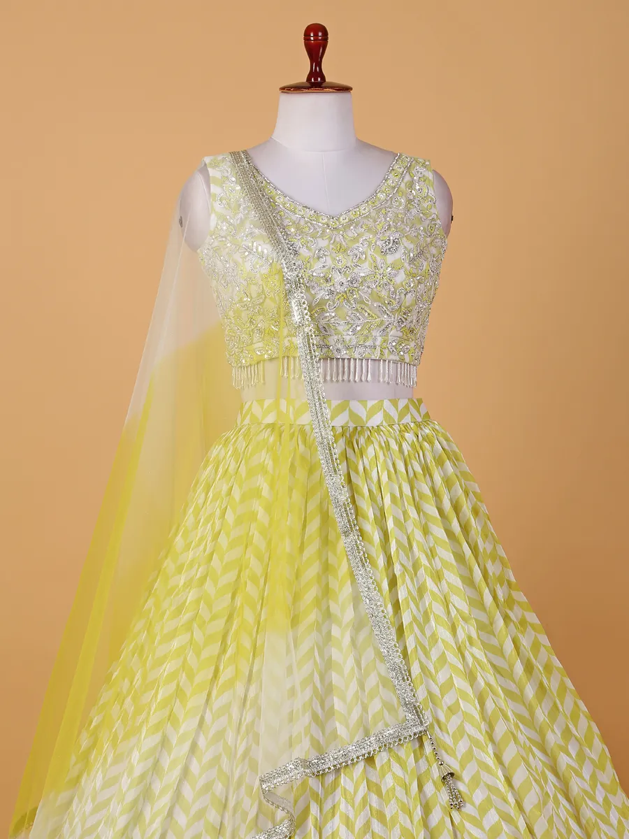 Light yellow printed soft organza lehenga choli