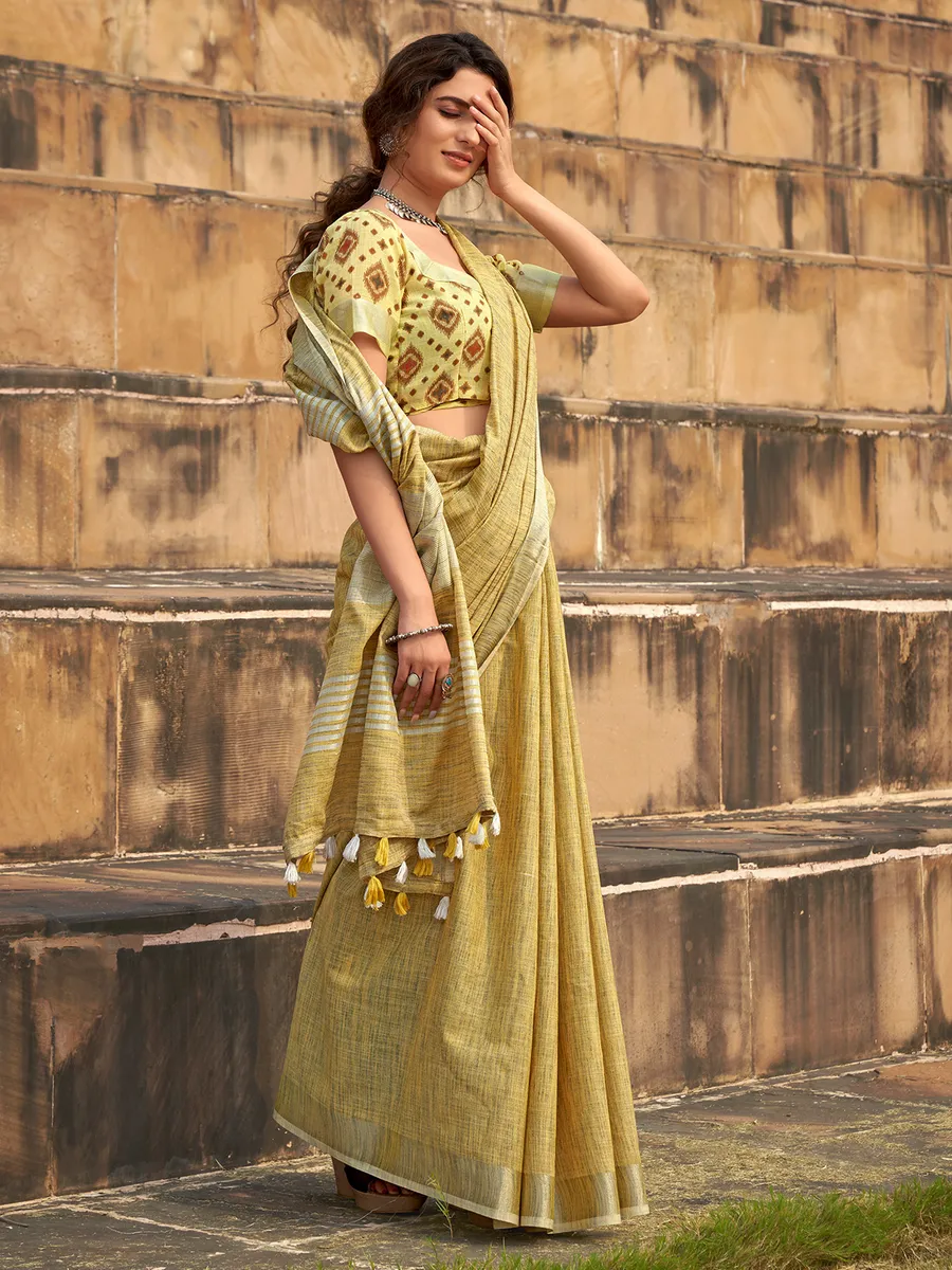 Light yellow soft linen silk saree