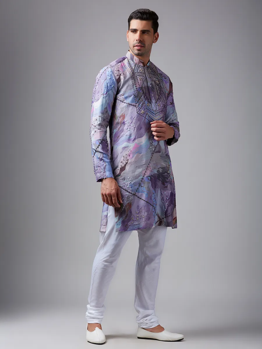 Lilac purple printed silk  Men Kurta pajama for festive