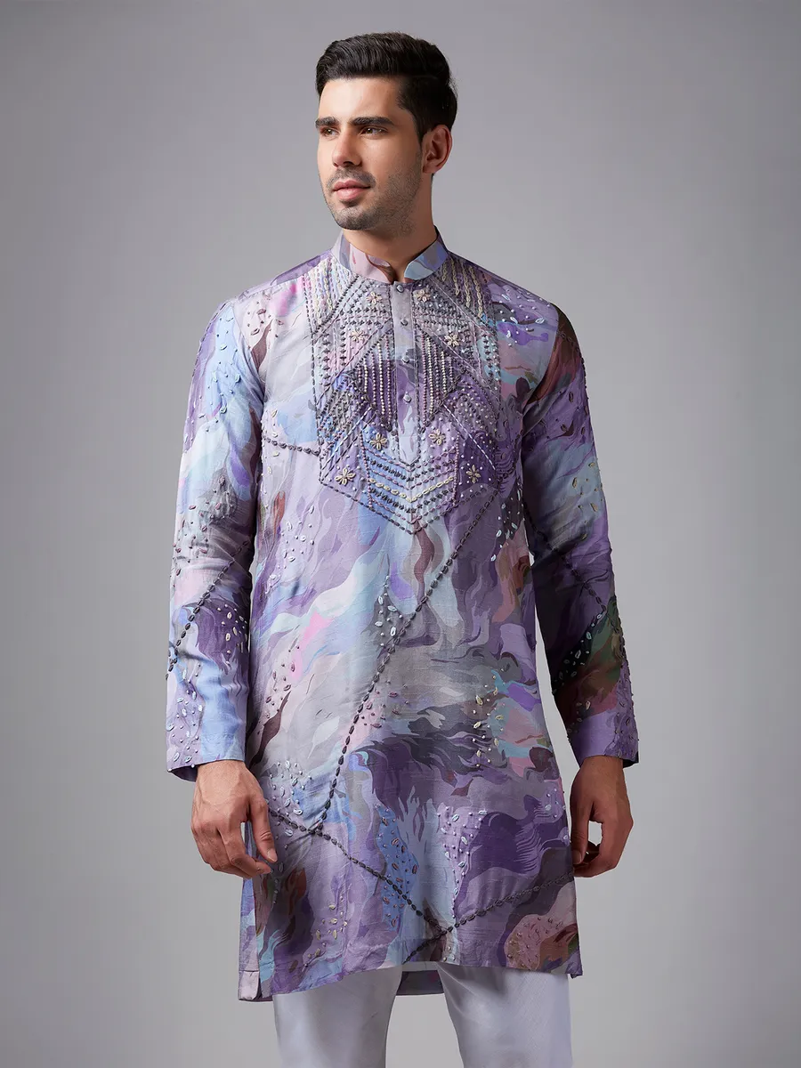 Lilac purple printed silk  Men Kurta pajama for festive