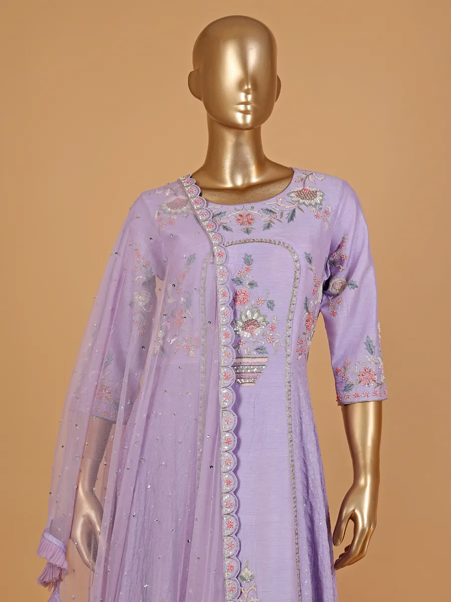 Lilac purple raw silk floor-length suit