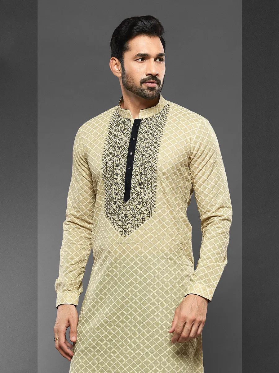 Lime green cotton kurta suit for men