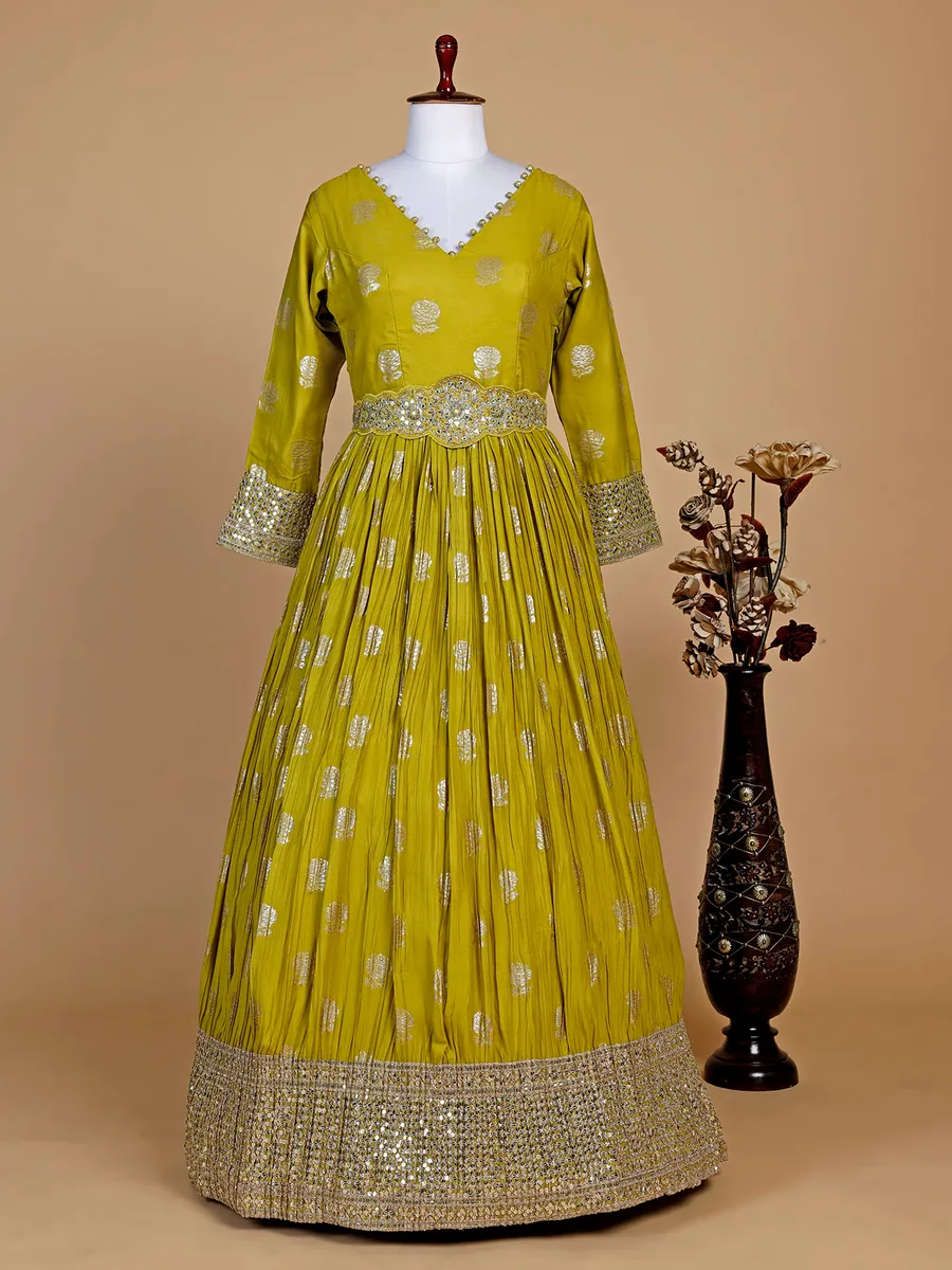 Lime green silk zari work anarkali suit