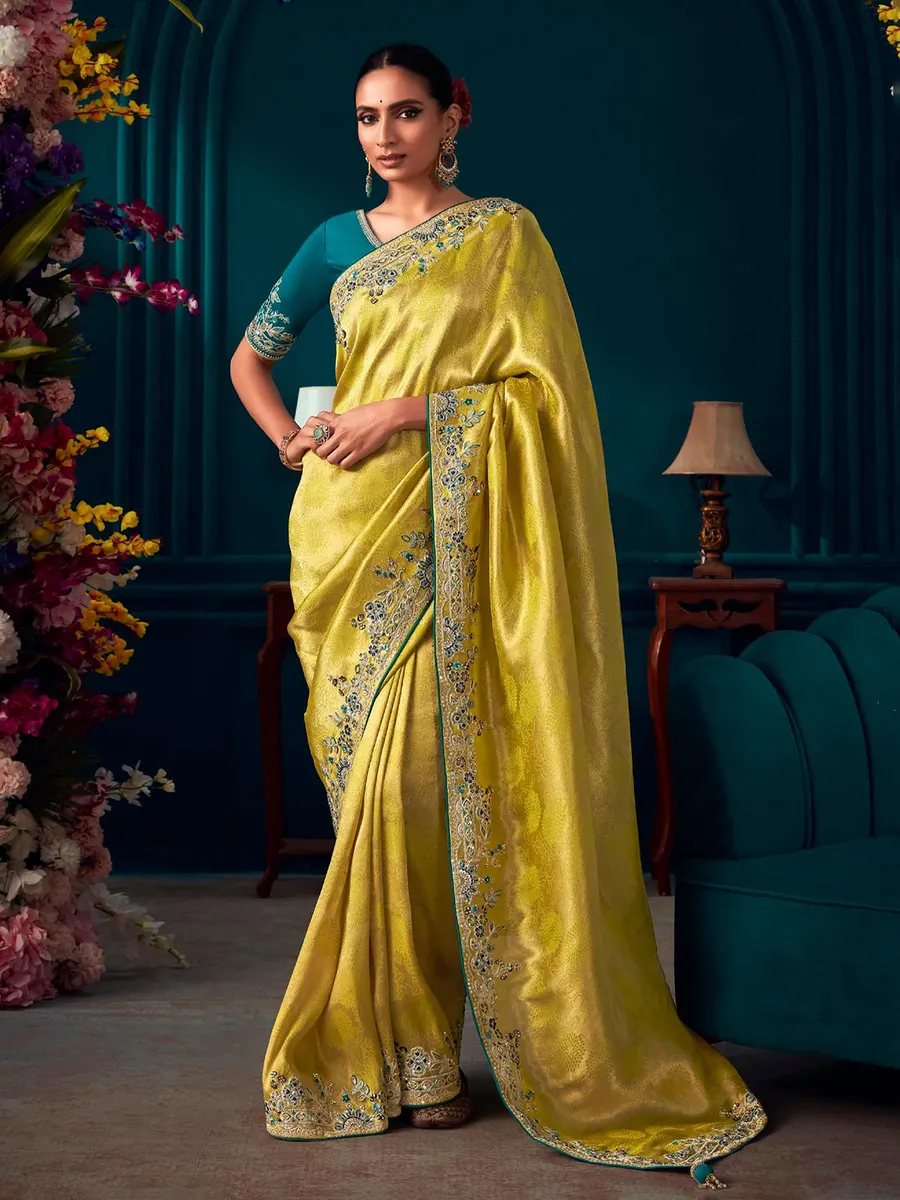 Lime yellow banarasi silk saree