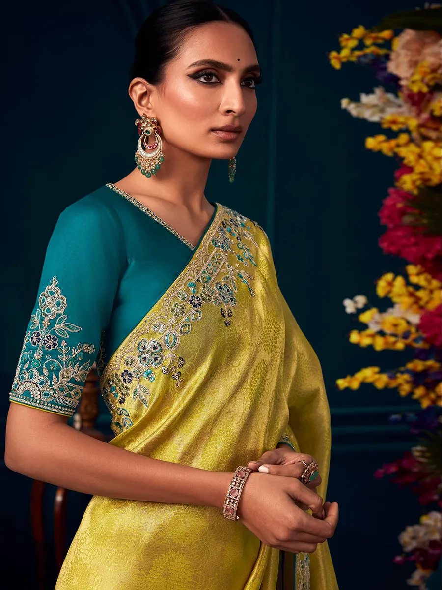 Lime yellow banarasi silk saree