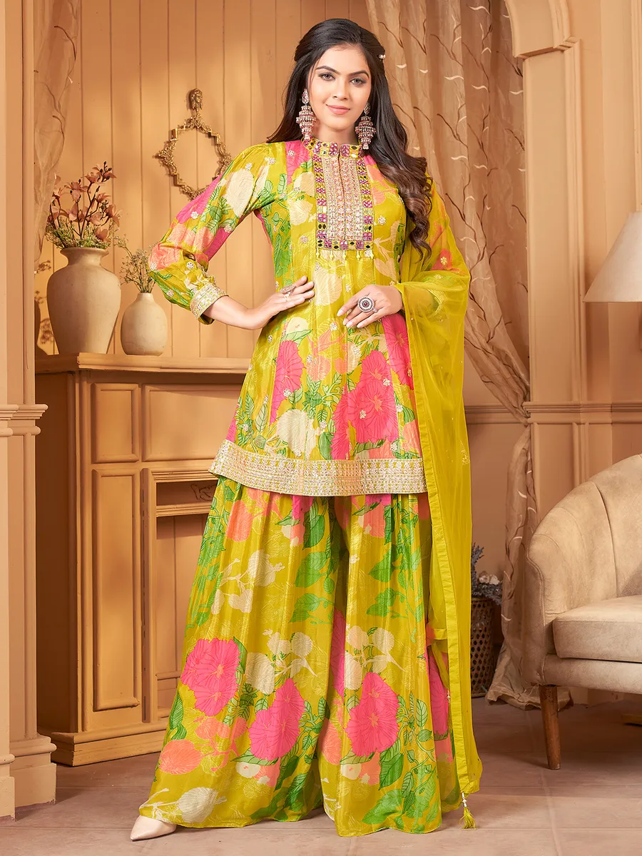 Lime yellow floral printed palazzo suit