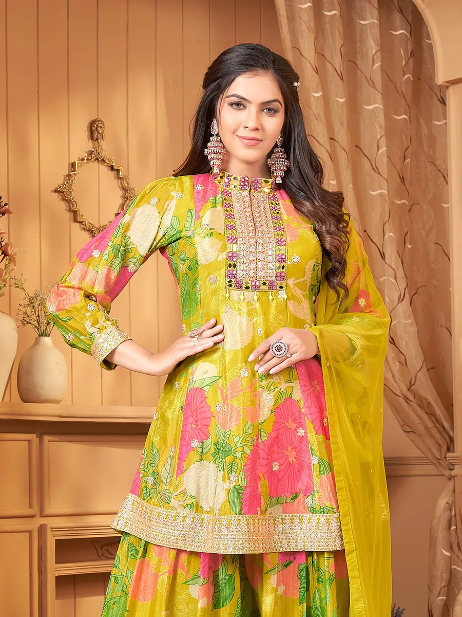 Lime yellow floral printed palazzo suit