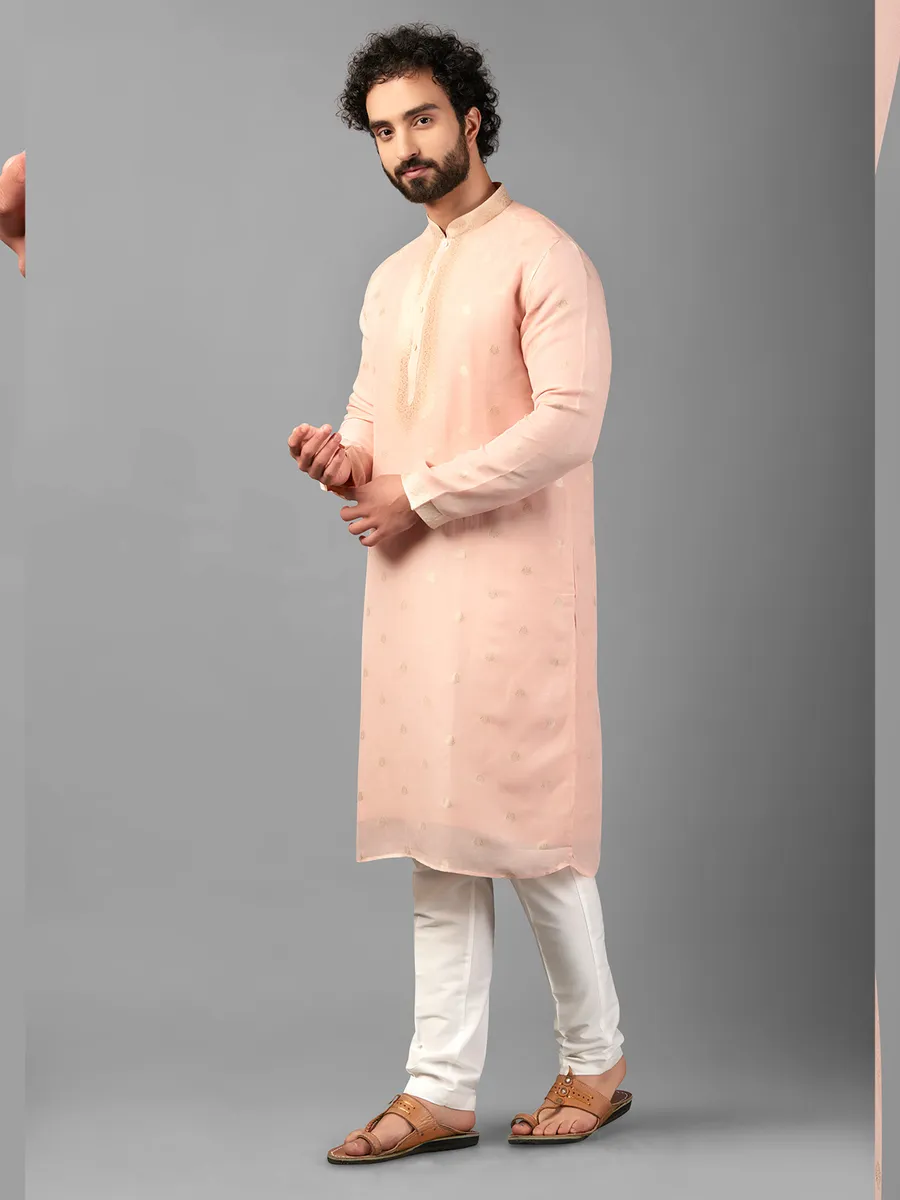 Linen peach kurta suit for festive