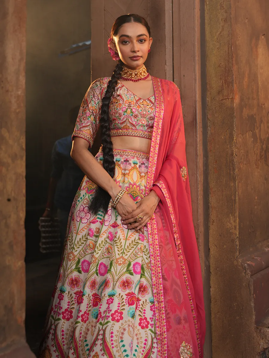 Linen satin off white lehenga choli