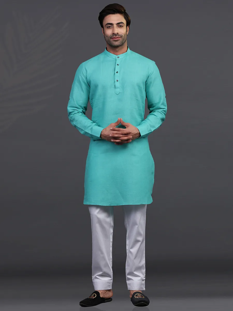 Linen sea green festive  Men Kurta pajama