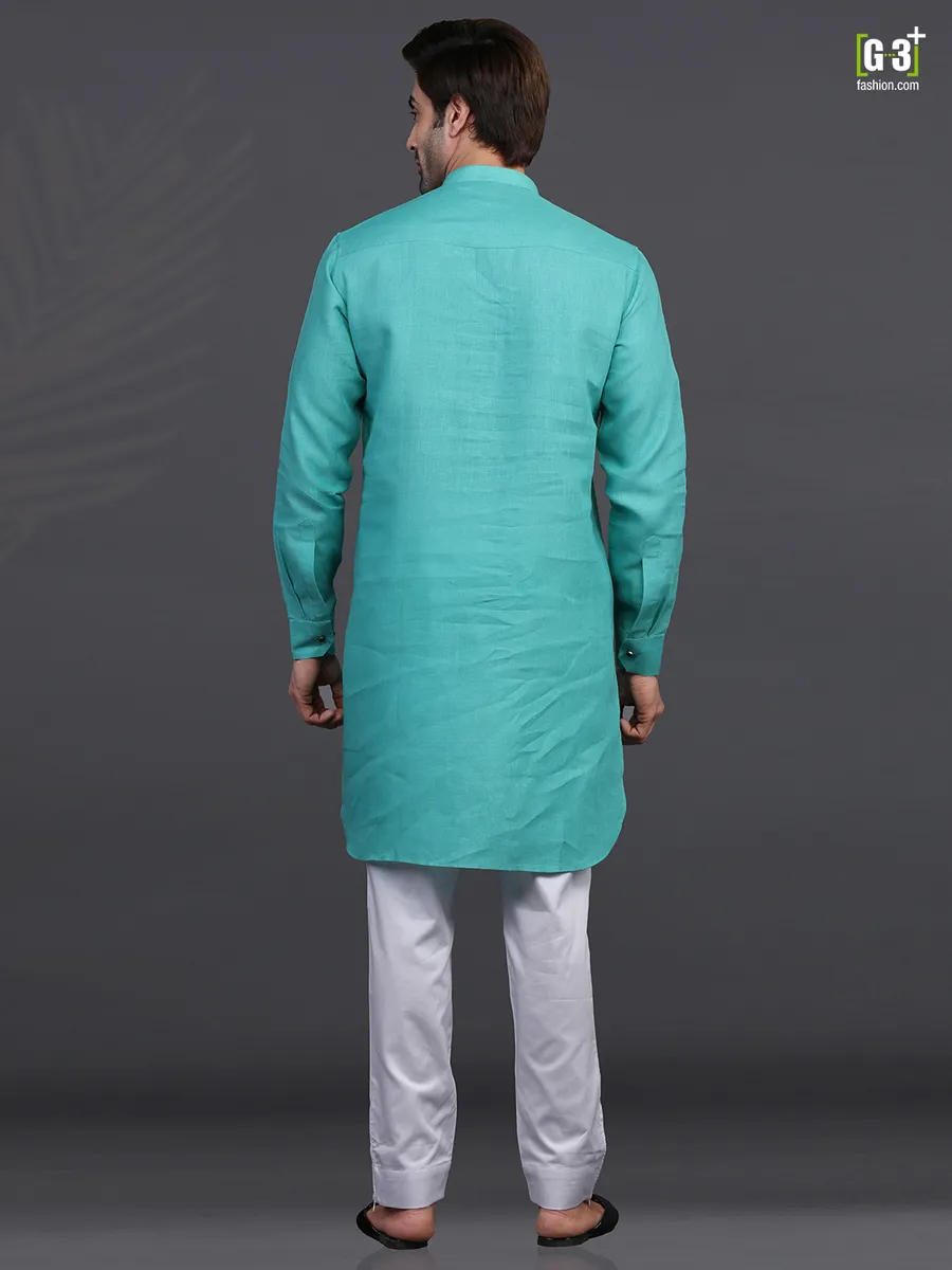 Linen sea green festive kurta suit