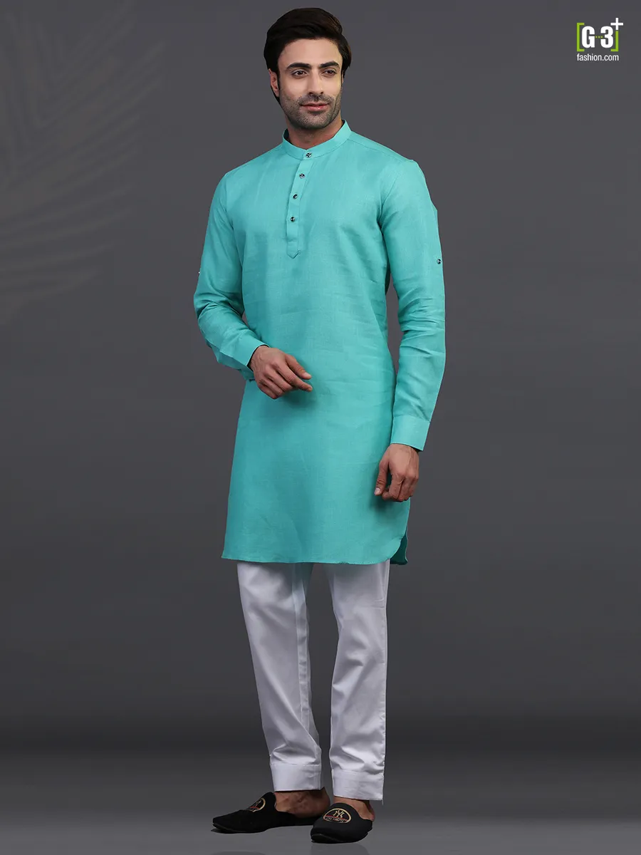 Linen sea green festive kurta suit