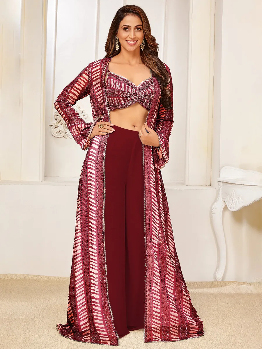 Lovely maroon georgette festive wear jacket style palazzo suit