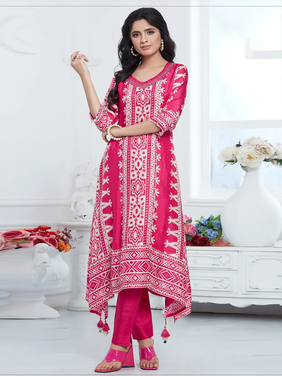 Magenta dola silk printed a-line kurti