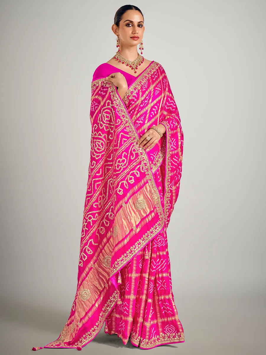 Magenta gajji silk saree in bandhej printed