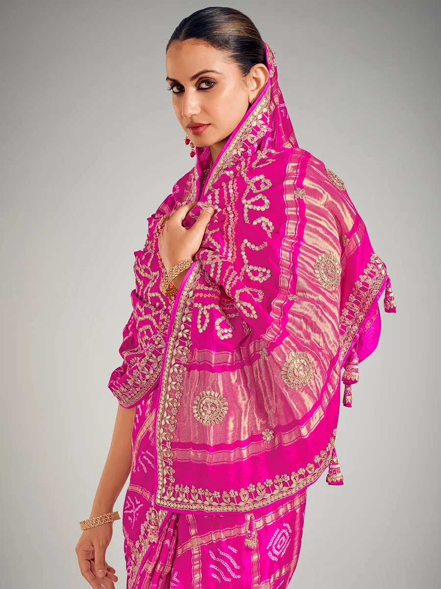 Magenta gajji silk saree in bandhej printed
