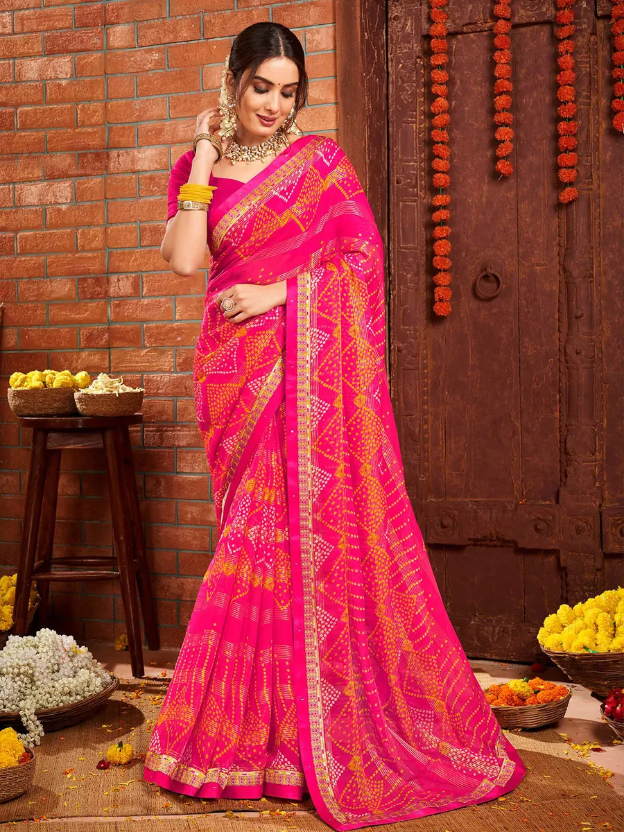 Magenta georgette bandhej printed saree