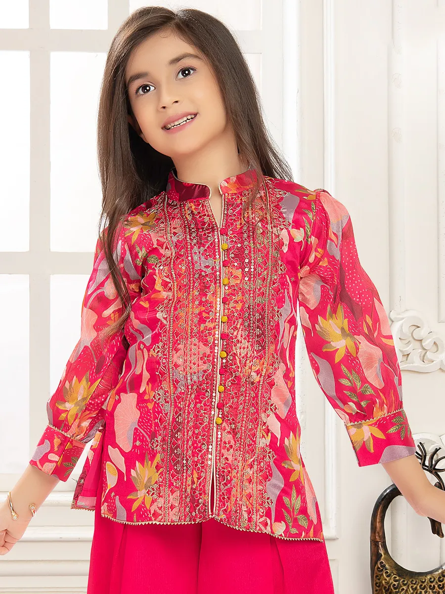 Magenta silk palazzo suit with printed