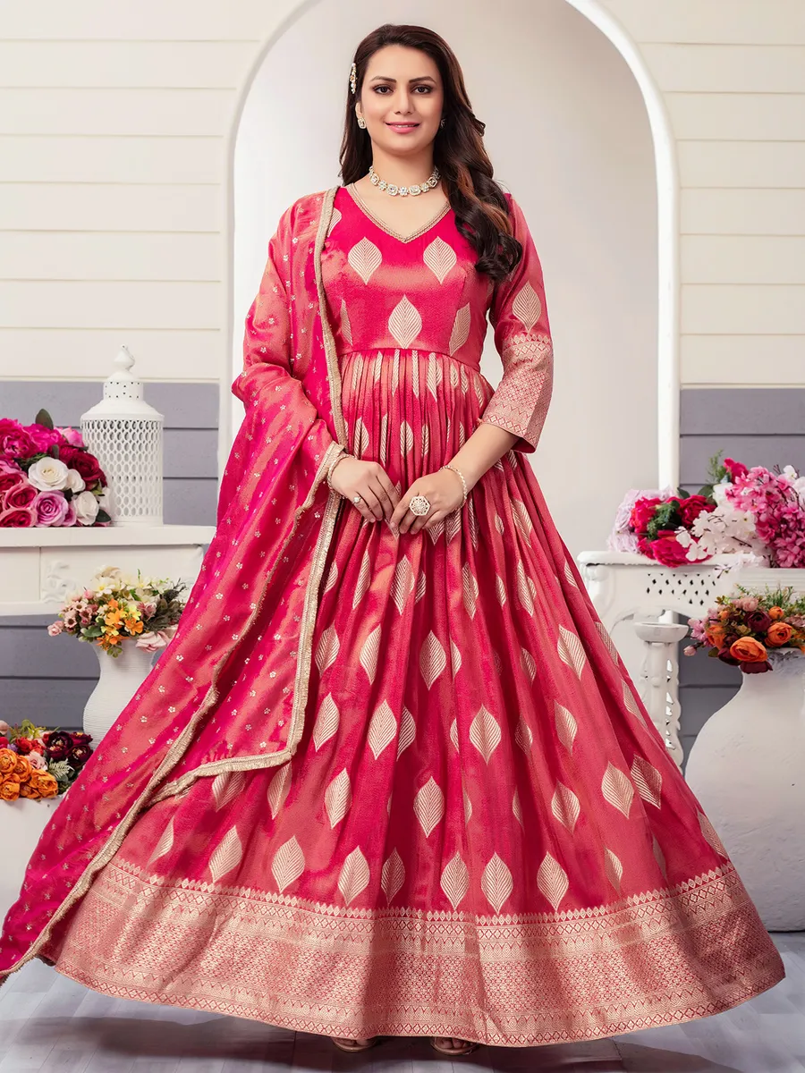 Magenta tissue silk floor length anarkali suit