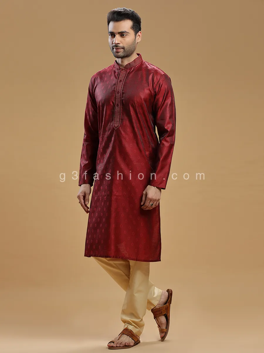 Maroon color silk Kurta Set for Men