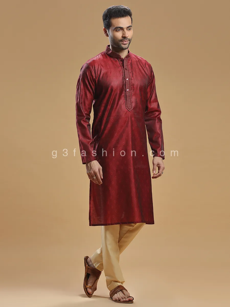 Maroon color silk kurta suit for men