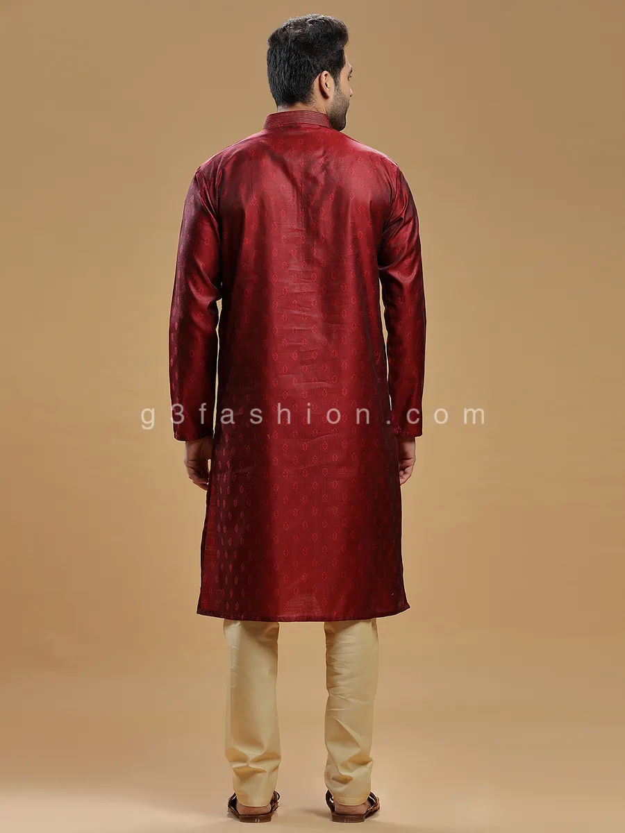 Maroon color silk kurta suit for men